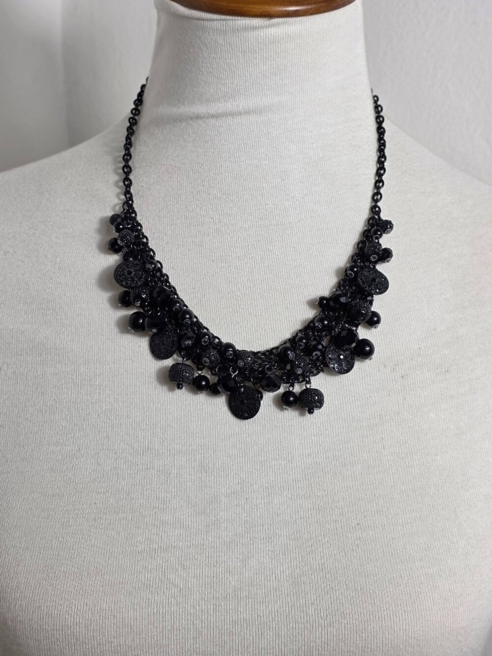 Black Beaded Cluster Necklace Dangles Textured Beads & Stamped Metal Medallions